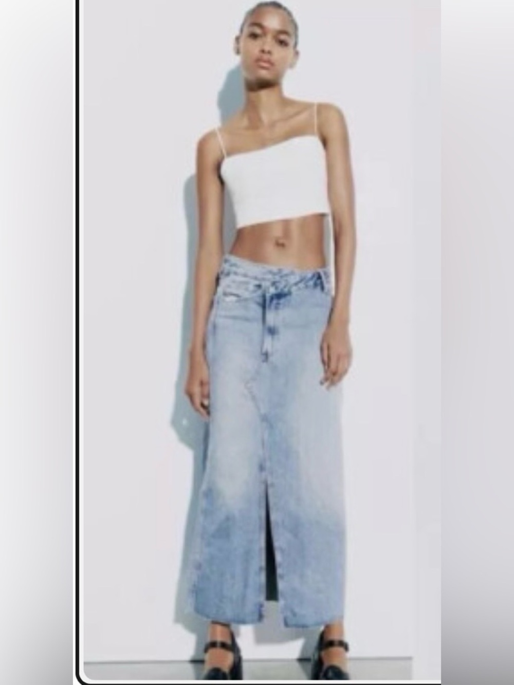 Zara TRF Asymmetric Denim Midi Skirt with Front Slit